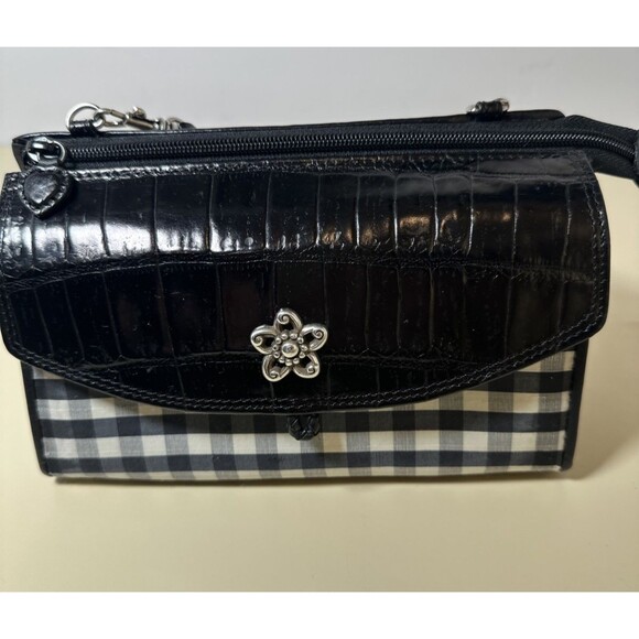 Brighton Crossbody Black Plaid Faux Croc Leather Wallet Purse Back Zip Pocket - Picture 4 of 8